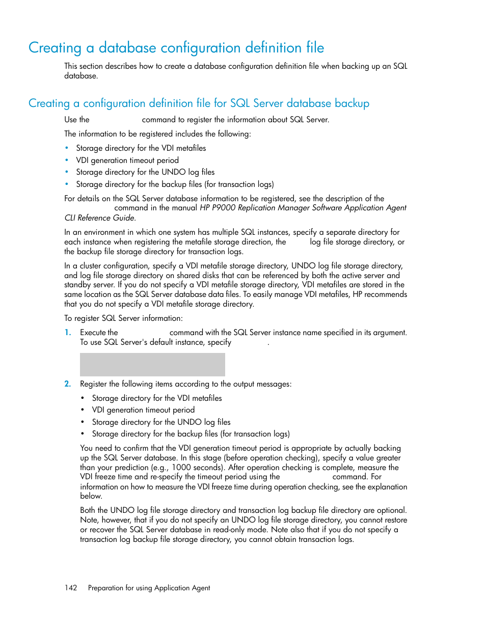 Creating a database configuration definition file, Creating a configuration definition file for, Sql server database backup | HP XP Command View Advanced Edition Software User Manual | Page 142 / 580