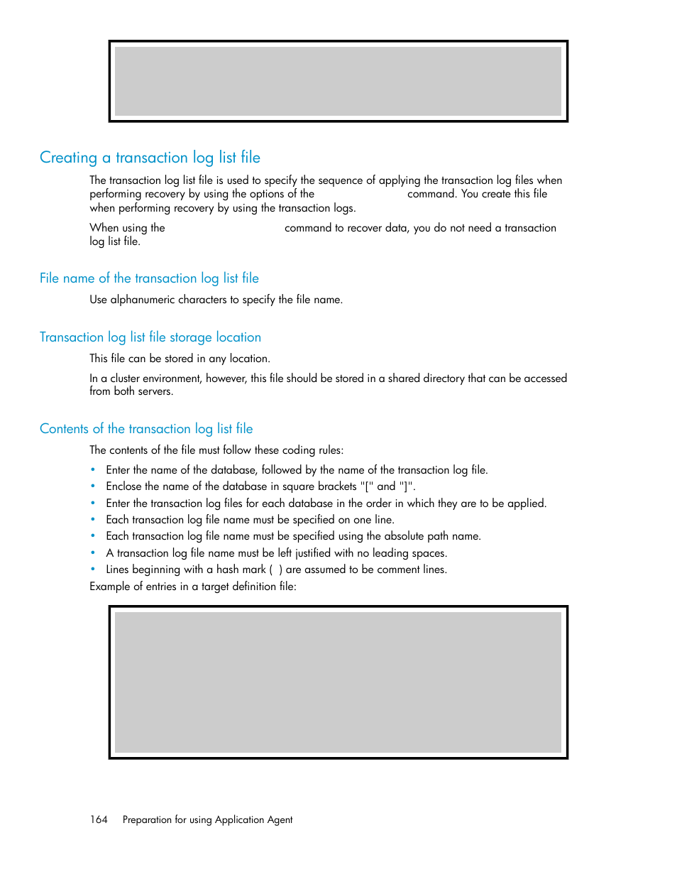 Creating a transaction log list file, File name of the transaction log list file, Transaction log list file storage location | Contents of the transaction log list file, 164 transaction log list file storage location, 164 contents of the transaction log list file | HP XP Command View Advanced Edition Software User Manual | Page 164 / 580