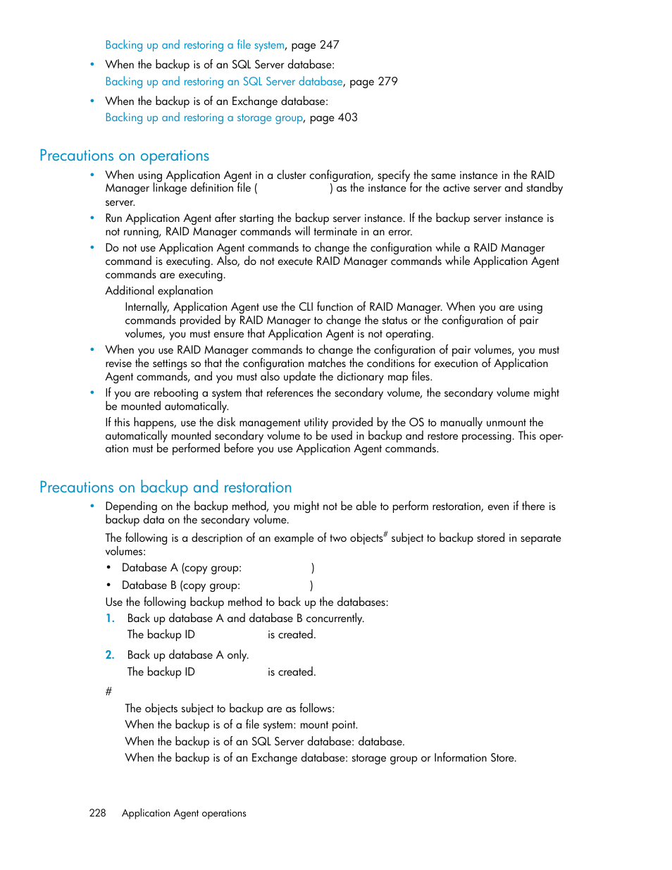 Precautions on operations, Precautions on backup and restoration, 228 precautions on backup and restoration | HP XP Command View Advanced Edition Software User Manual | Page 228 / 580