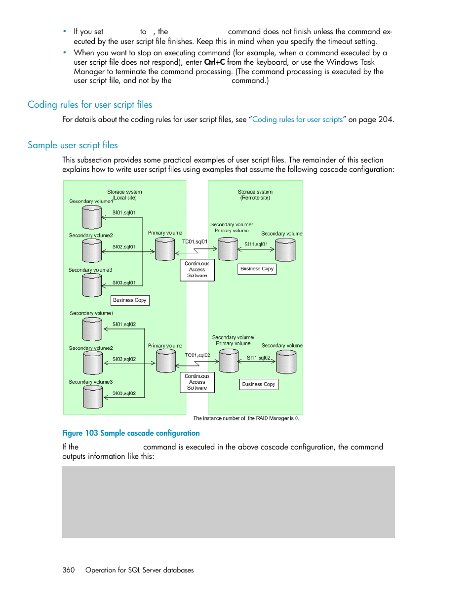 Coding rules for user script files, Sample user script files, 360 sample user script files | Sample cascade configuration | HP XP Command View Advanced Edition Software User Manual | Page 360 / 580