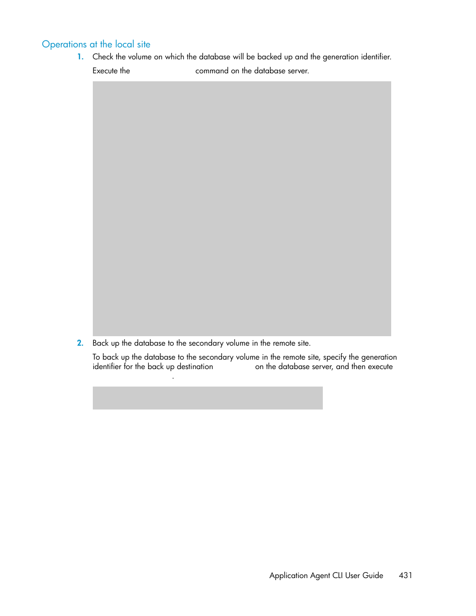 Operations at the local site, Application agent cli user guide 431 | HP XP Command View Advanced Edition Software User Manual | Page 431 / 580