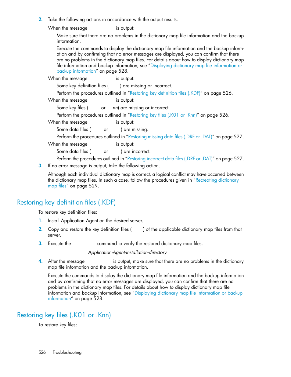 Restoring key definition files (.kdf), Restoring key files (.k01 or .knn) | HP XP Command View Advanced Edition Software User Manual | Page 526 / 580