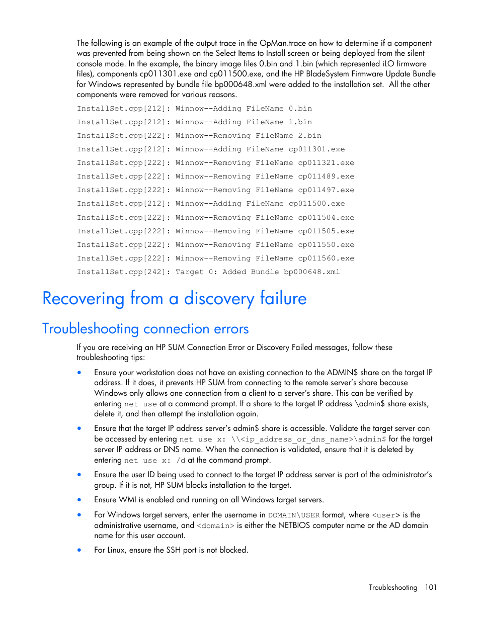 Recovering from a discovery failure, Troubleshooting connection errors | HP Integrity rx2660 Servers User Manual | Page 101 / 124