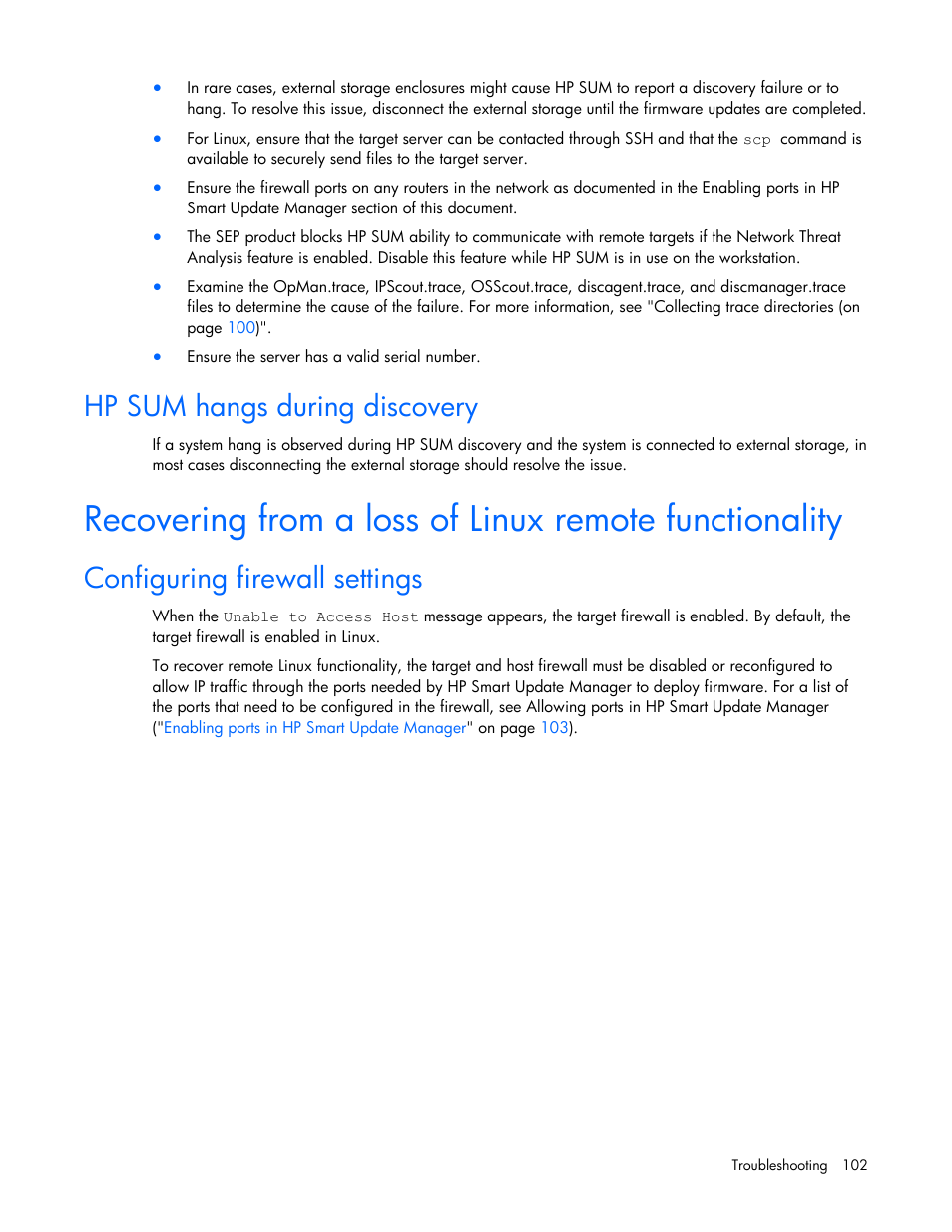 Hp sum hangs during discovery, Configuring firewall settings | HP Integrity rx2660 Servers User Manual | Page 102 / 124