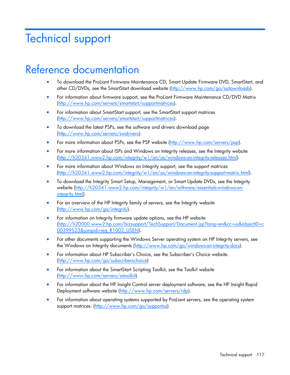 Technical support, Reference documentation | HP Integrity rx2660 Servers User Manual | Page 117 / 124