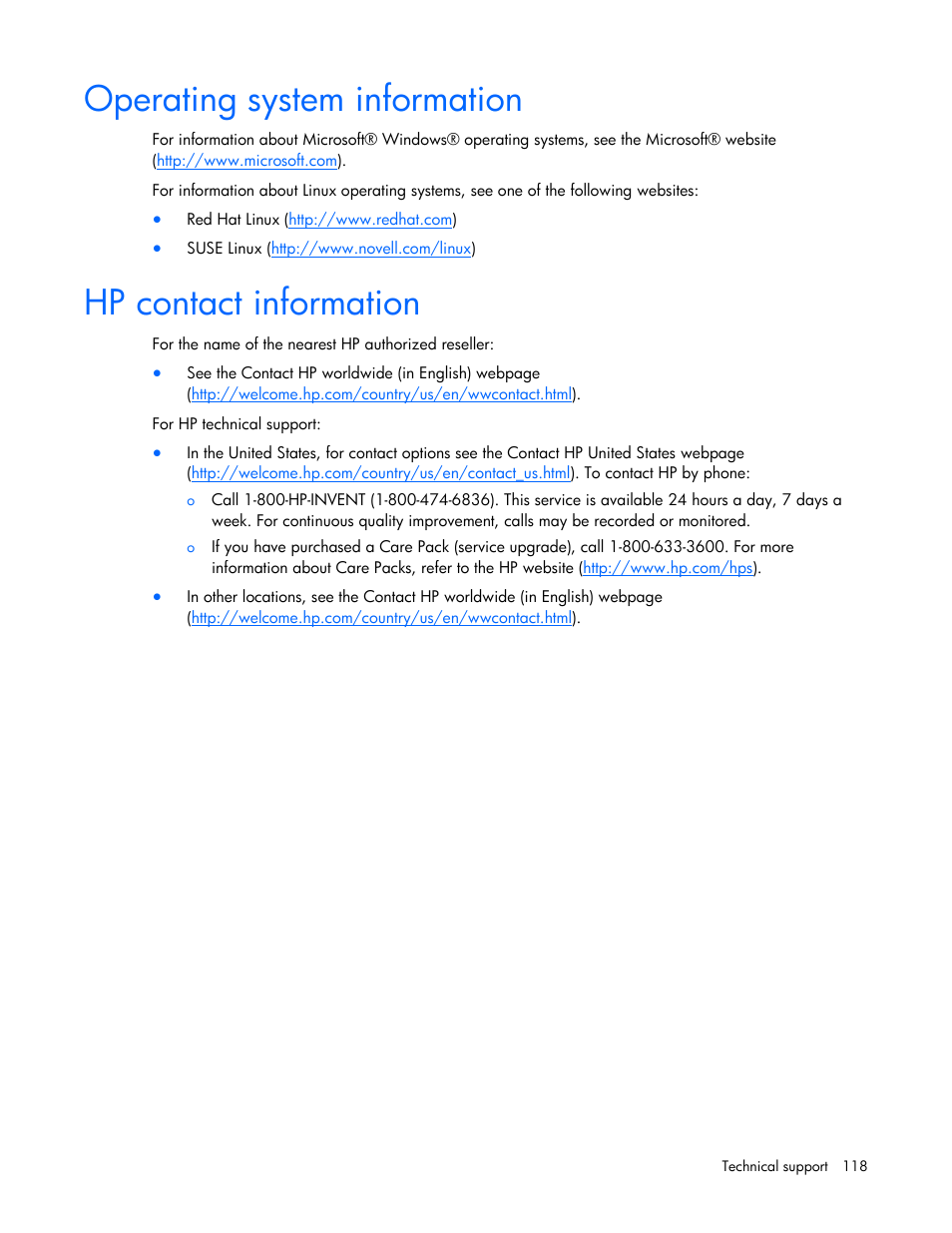 Operating system information, Hp contact information | HP Integrity rx2660 Servers User Manual | Page 118 / 124