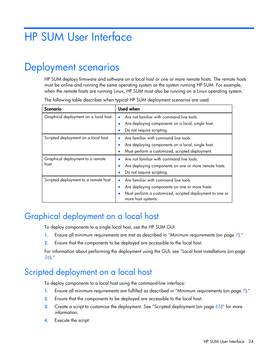 Hp sum user interface, Deployment scenarios, Graphical deployment on a local host | Scripted deployment on a local host | HP Integrity rx2660 Servers User Manual | Page 24 / 124