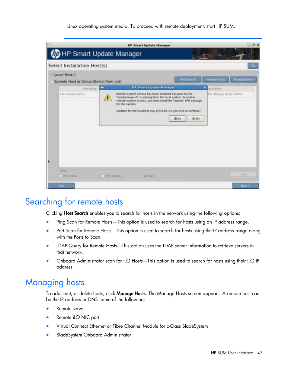 Searching for remote hosts, Managing hosts, Searching for remote hosts managing hosts | HP Integrity rx2660 Servers User Manual | Page 47 / 124