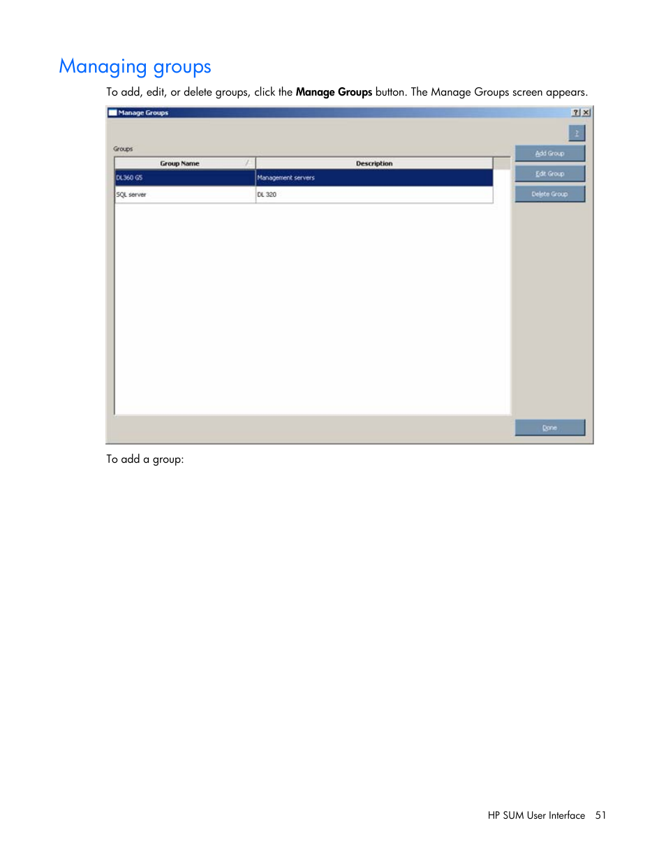 Managing groups | HP Integrity rx2660 Servers User Manual | Page 51 / 124