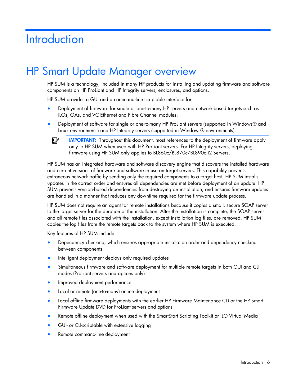 Introduction, Hp smart update manager overview | HP Integrity rx2660 Servers User Manual | Page 6 / 124