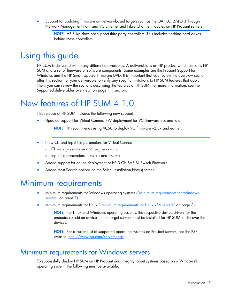 Using this guide, New features of hp sum 4.1.0, Minimum requirements | Minimum requirements for windows servers | HP Integrity rx2660 Servers User Manual | Page 7 / 124