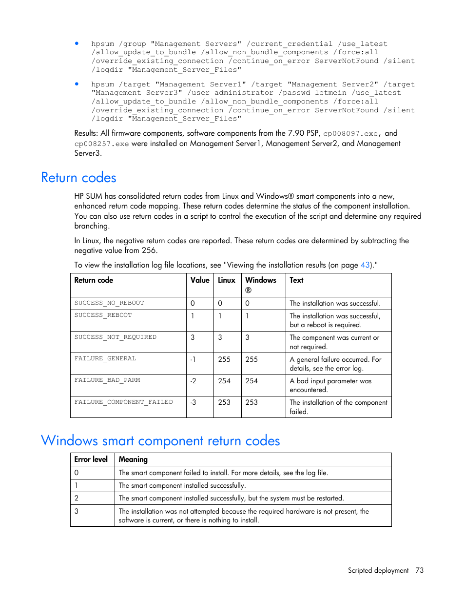 Return codes, Windows smart component return codes, Return codes windows smart component return codes | HP Integrity rx2660 Servers User Manual | Page 73 / 124