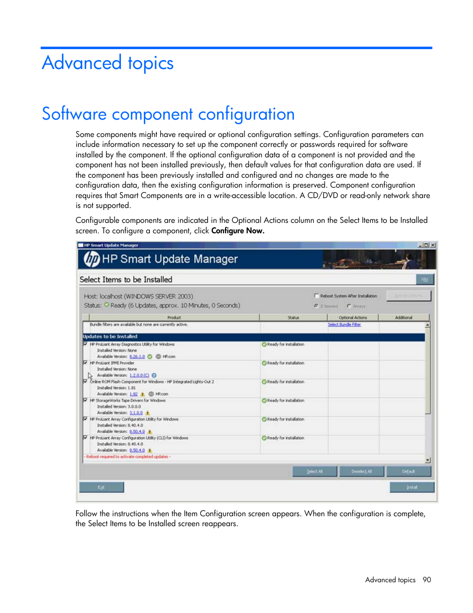 Advanced topics, Software component configuration | HP Integrity rx2660 Servers User Manual | Page 90 / 124