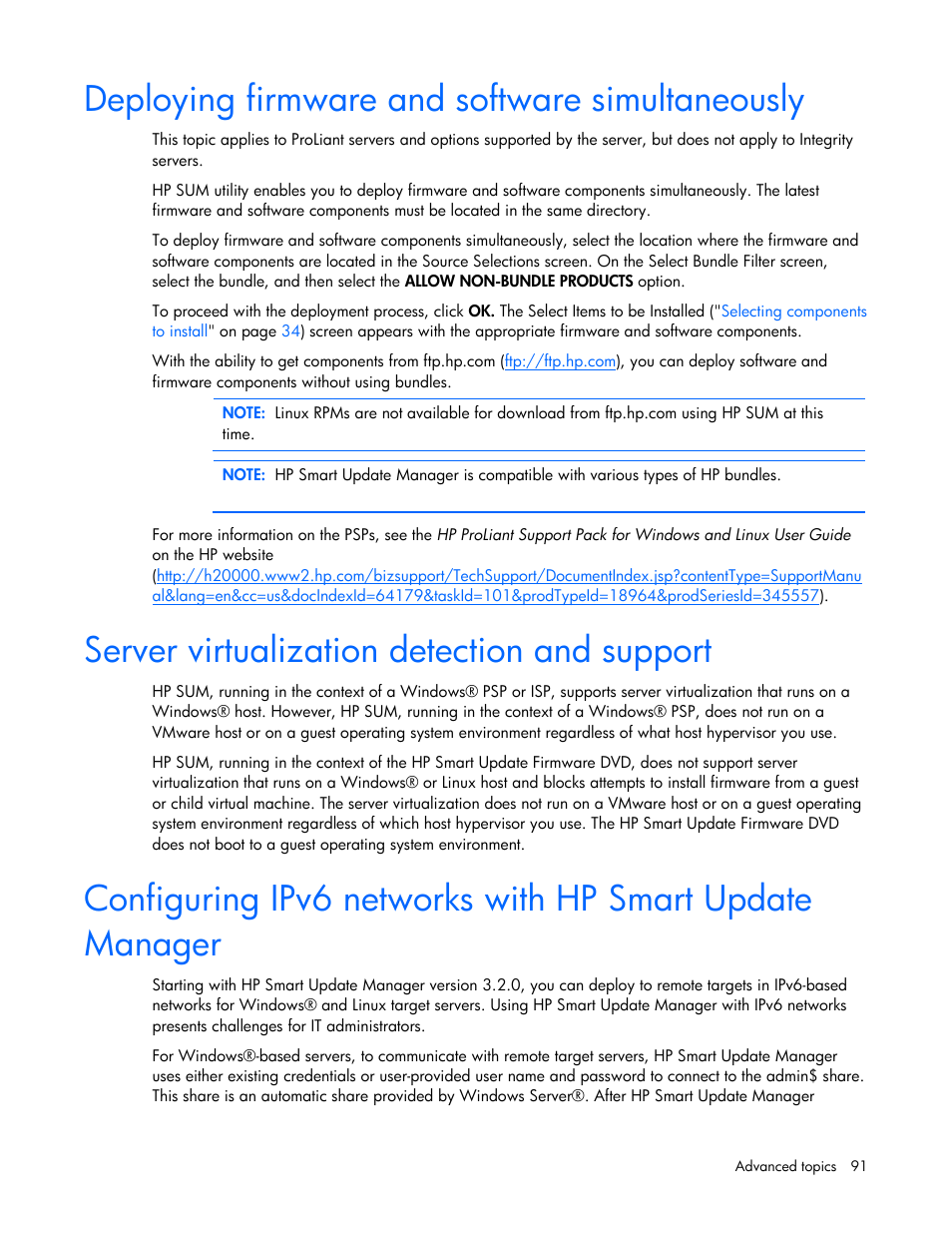 Deploying firmware and software simultaneously, Server virtualization detection and support | HP Integrity rx2660 Servers User Manual | Page 91 / 124