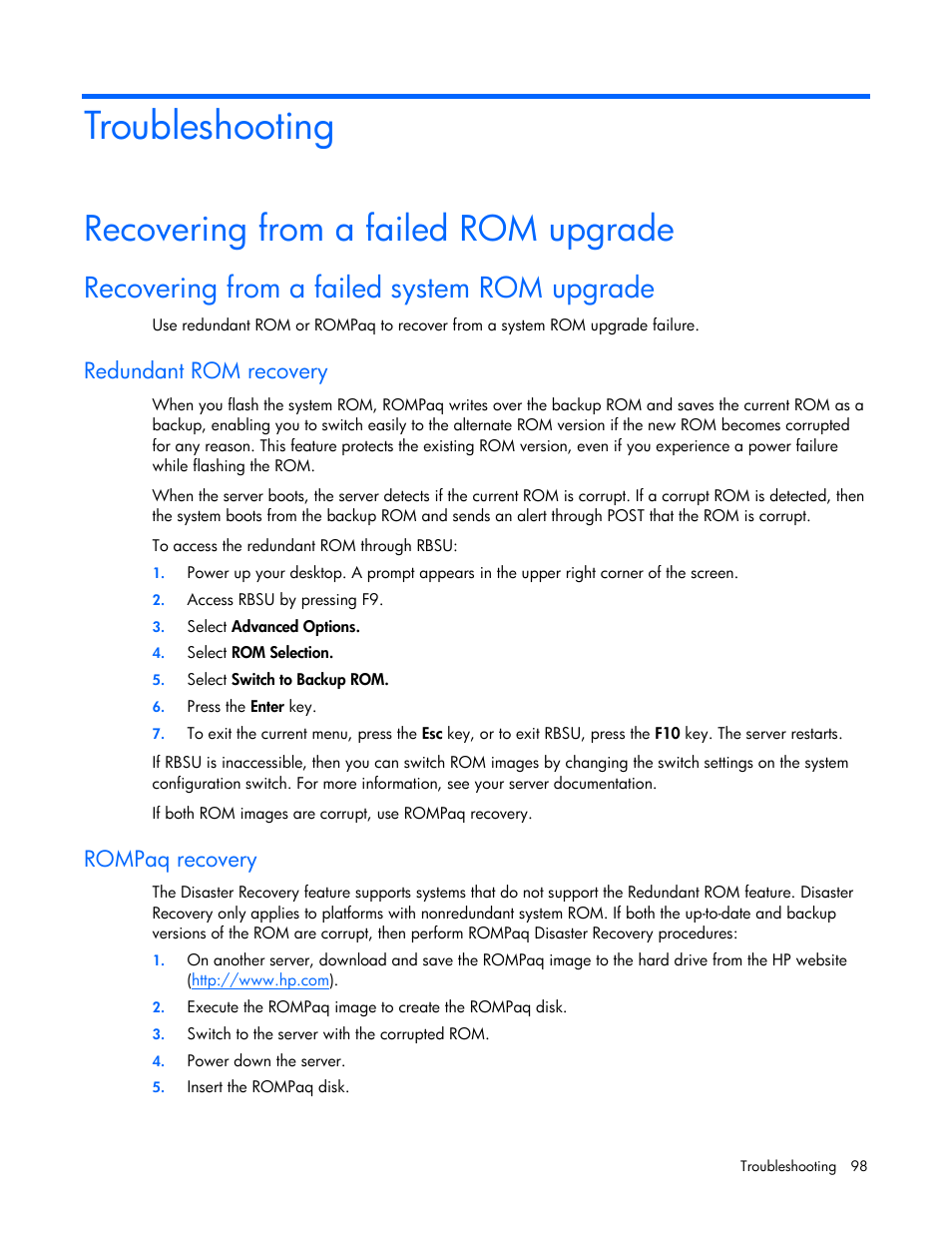 Troubleshooting, Recovering from a failed rom upgrade, Recovering from a failed system rom upgrade | Redundant rom recovery, Rompaq recovery | HP Integrity rx2660 Servers User Manual | Page 98 / 124