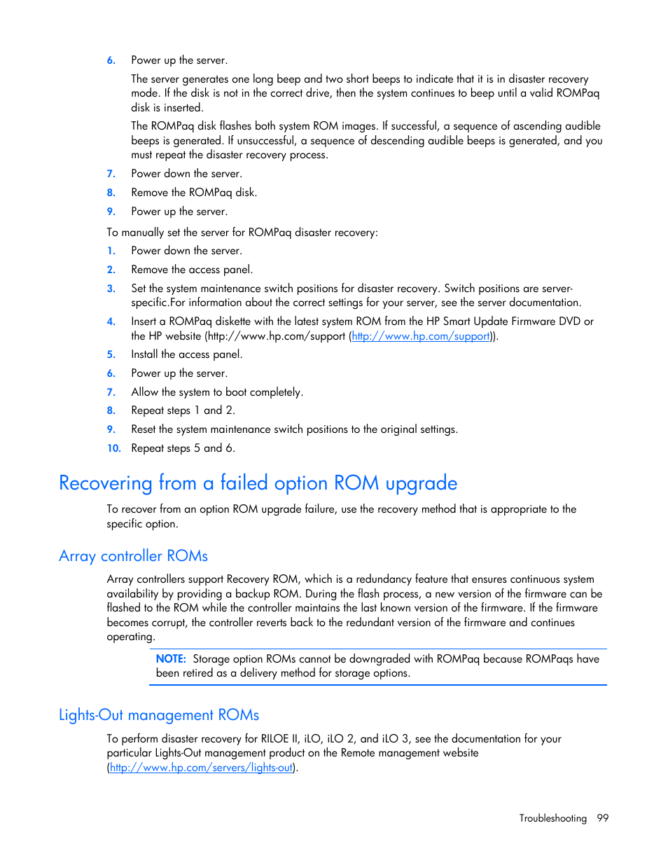 Recovering from a failed option rom upgrade, Array controller roms, Lights-out management roms | HP Integrity rx2660 Servers User Manual | Page 99 / 124