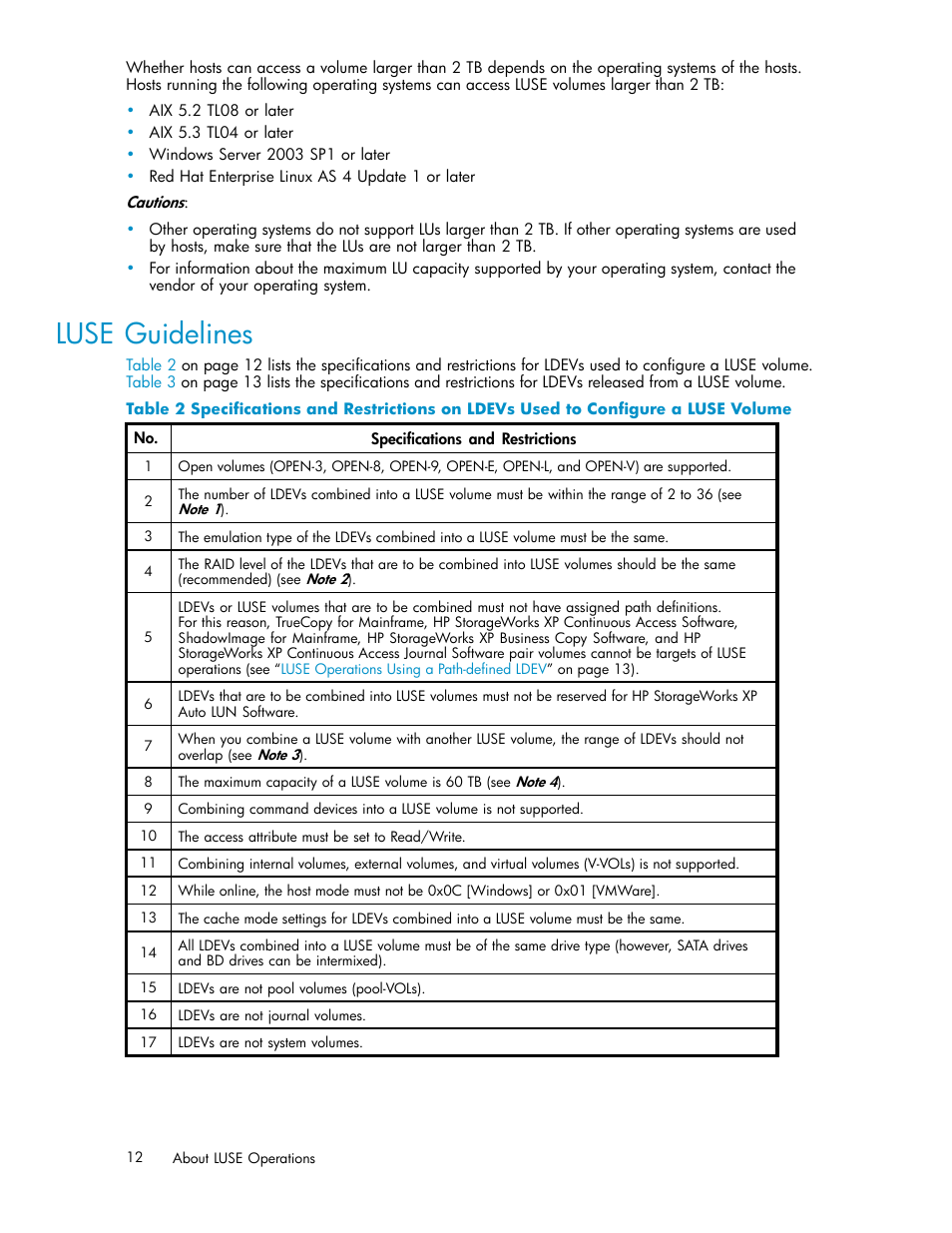 Luse guidelines, Table 2 | HP XP20000XP24000 Disk Array User Manual | Page 12 / 36