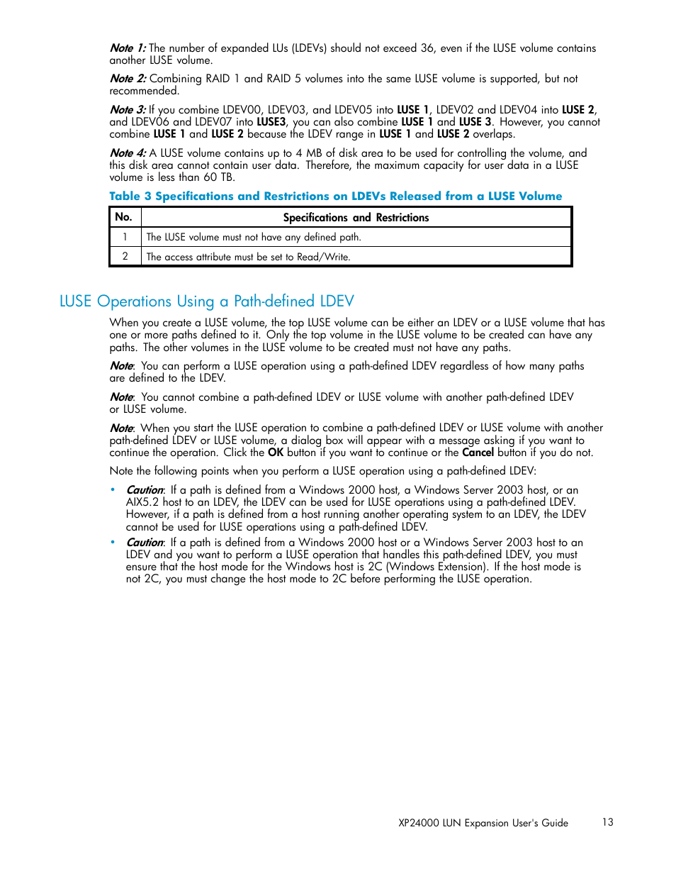 Luse operations using a path-deﬁned ldev, Table 3 | HP XP20000XP24000 Disk Array User Manual | Page 13 / 36