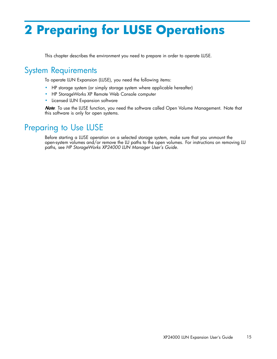 2 preparing for luse operations, System requirements, Preparing to use luse | HP XP20000XP24000 Disk Array User Manual | Page 15 / 36