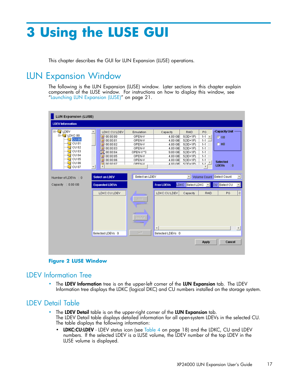 3 using the luse gui, Lun expansion window, Ldev information tree | Ldev detail table, Luse window | HP XP20000XP24000 Disk Array User Manual | Page 17 / 36