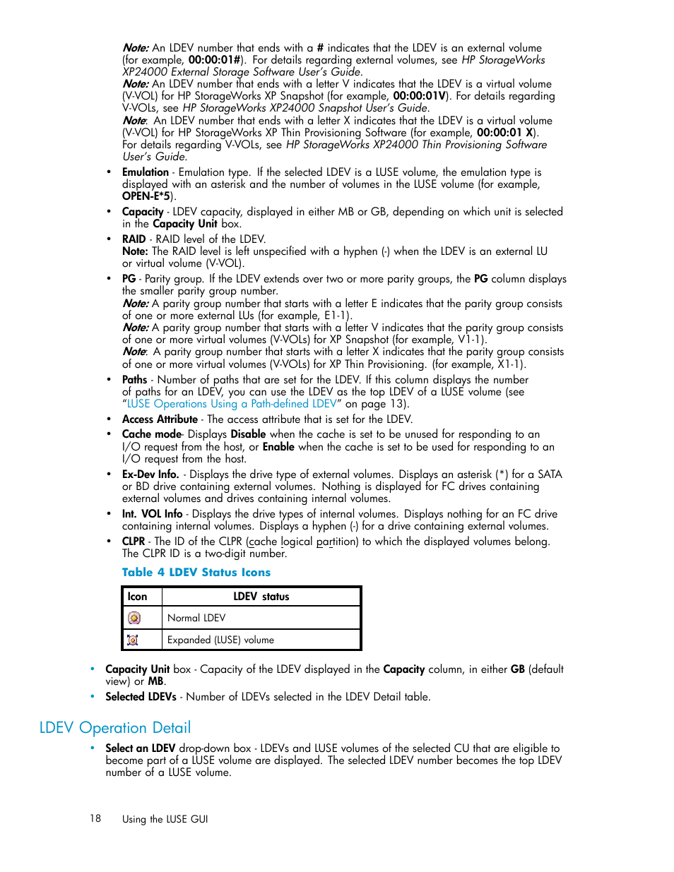 Ldev operation detail, Ldev status icons, Table 4 | HP XP20000XP24000 Disk Array User Manual | Page 18 / 36