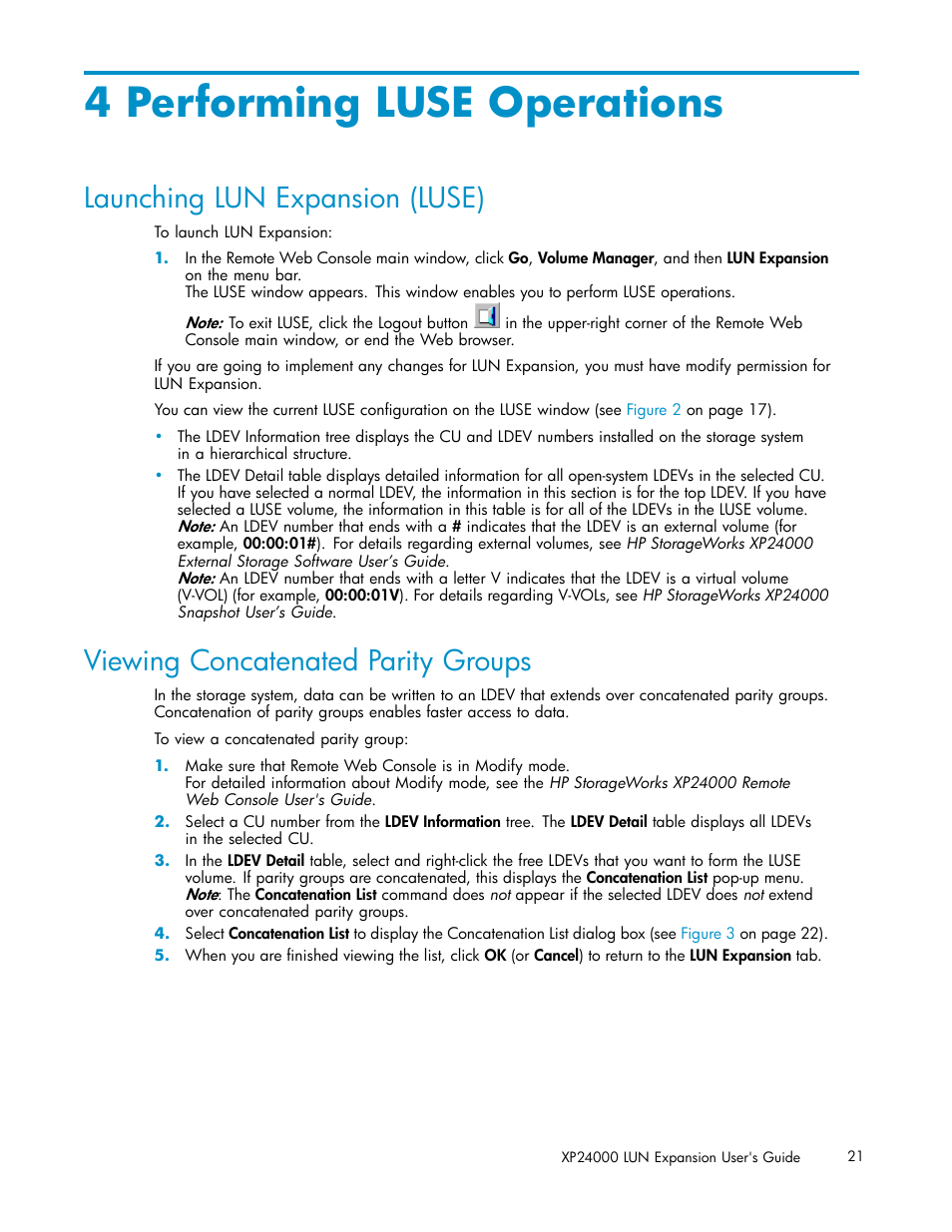 4 performing luse operations, Launching lun expansion (luse), Viewing concatenated parity groups | HP XP20000XP24000 Disk Array User Manual | Page 21 / 36