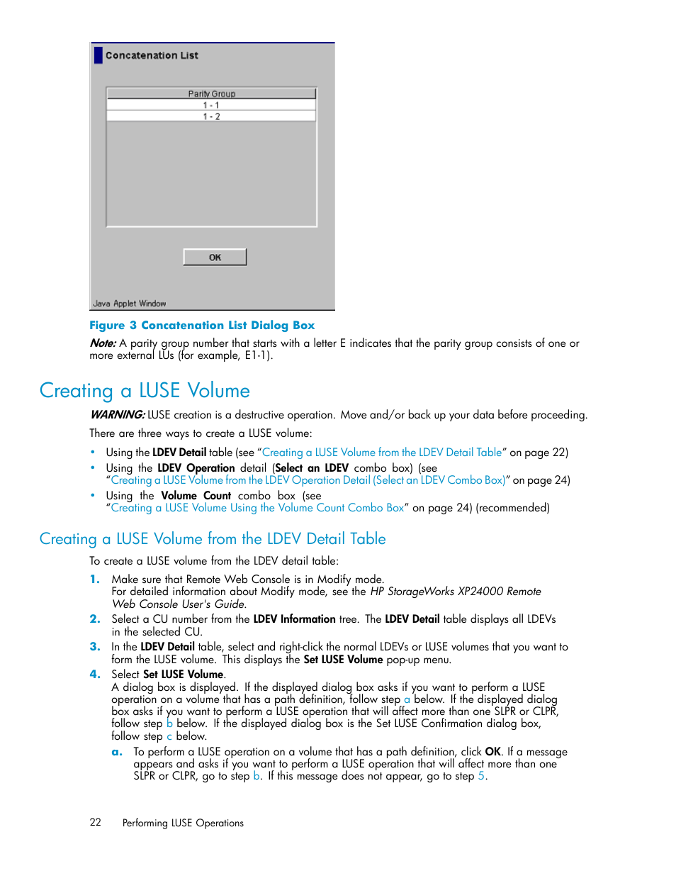 Creating a luse volume, Creating a luse volume from the ldev detail table, Concatenation list dialog box | Figure 3 | HP XP20000XP24000 Disk Array User Manual | Page 22 / 36