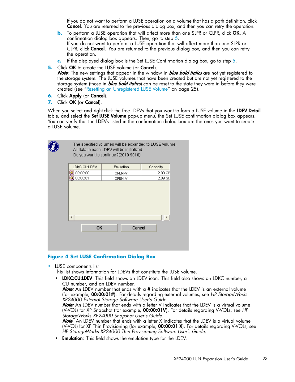 Set luse conﬁrmation dialog box | HP XP20000XP24000 Disk Array User Manual | Page 23 / 36