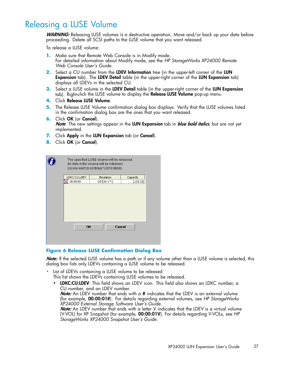 Releasing a luse volume, Release luse conﬁrmation dialog box | HP XP20000XP24000 Disk Array User Manual | Page 27 / 36