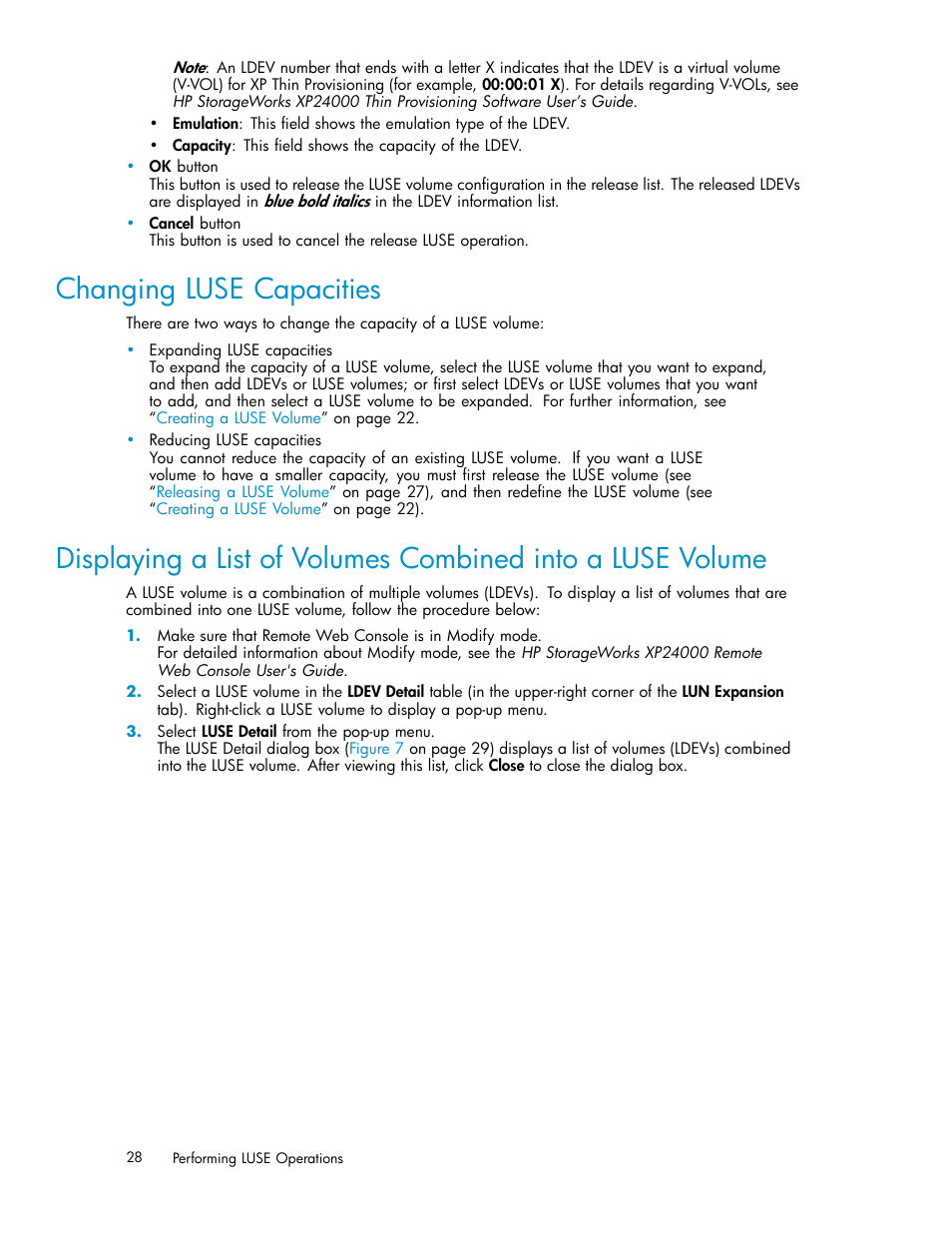 Changing luse capacities | HP XP20000XP24000 Disk Array User Manual | Page 28 / 36