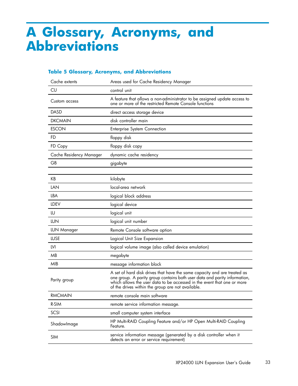 A glossary, acronyms, and abbreviations, Glossary, acronyms, and abbreviations | HP XP20000XP24000 Disk Array User Manual | Page 33 / 36
