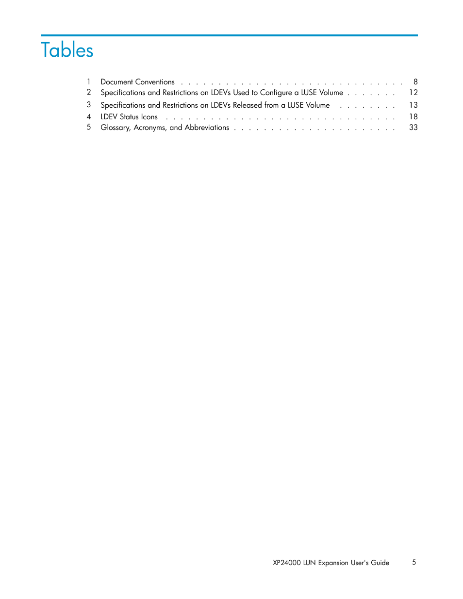 Tables | HP XP20000XP24000 Disk Array User Manual | Page 5 / 36