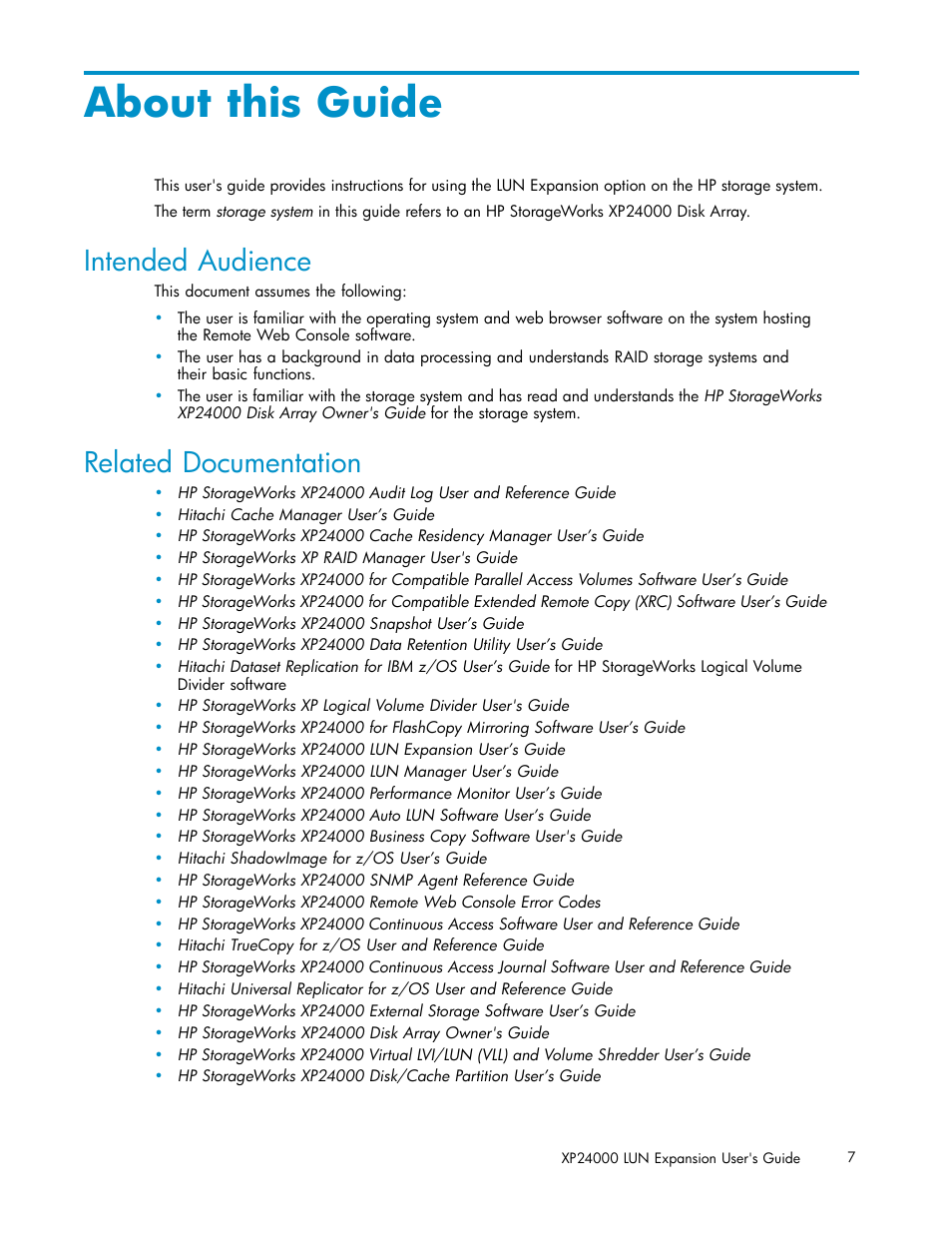 About this guide, Intended audience, Related documentation | HP XP20000XP24000 Disk Array User Manual | Page 7 / 36