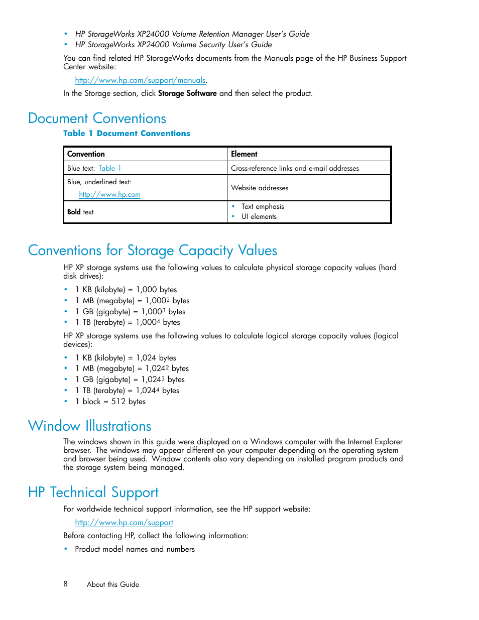 Document conventions, Conventions for storage capacity values, Window illustrations | Hp technical support | HP XP20000XP24000 Disk Array User Manual | Page 8 / 36