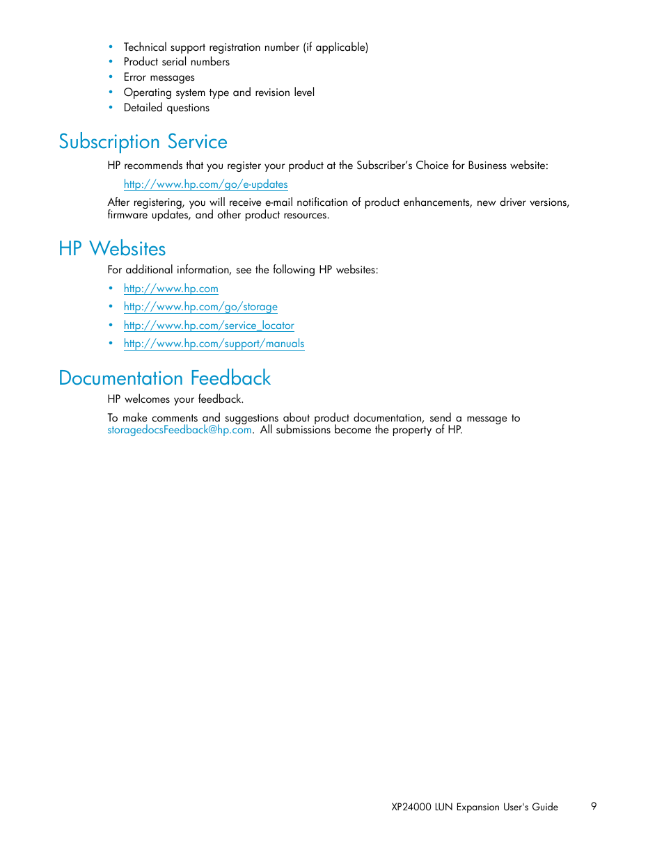 Subscription service, Hp websites, Documentation feedback | HP XP20000XP24000 Disk Array User Manual | Page 9 / 36