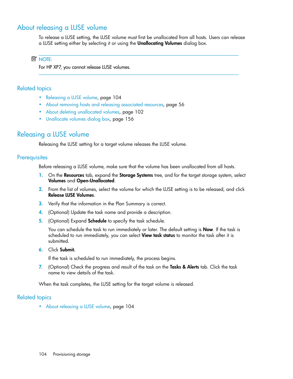 About releasing a luse volume, Releasing a luse volume, 104 releasing a luse volume | HP XP Array Manager Software User Manual | Page 104 / 282