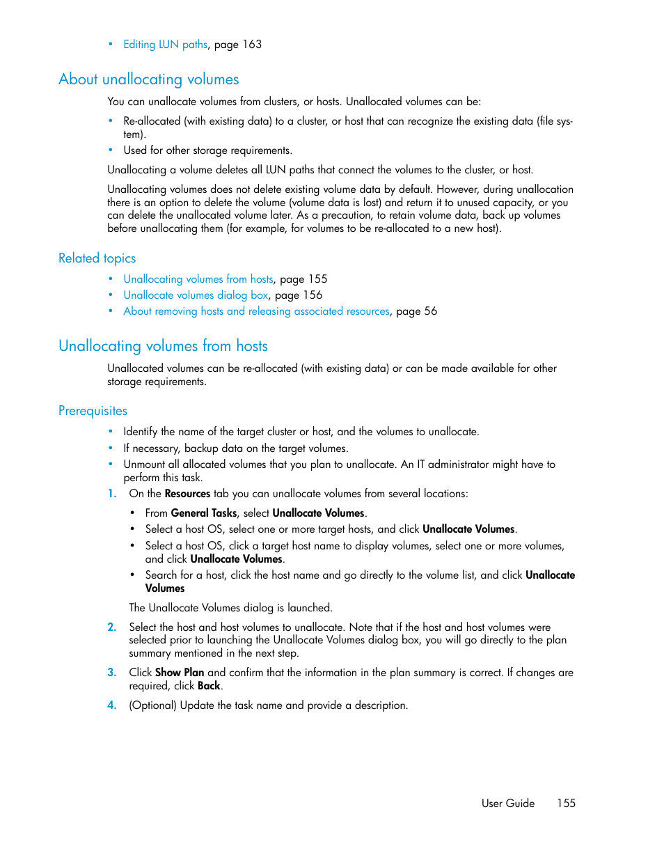 About unallocating volumes, Unallocating volumes from hosts, 155 unallocating volumes from hosts | HP XP Array Manager Software User Manual | Page 155 / 282