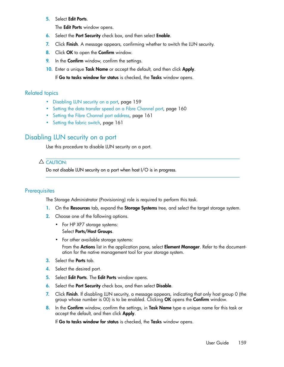 Disabling lun security on a port | HP XP Array Manager Software User Manual | Page 159 / 282