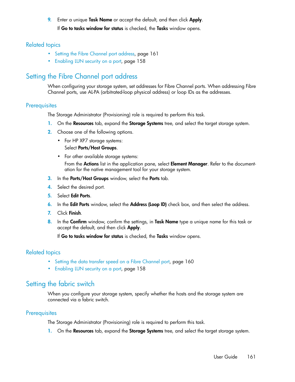 Setting the fibre channel port address, Setting the fabric switch, 161 setting the fabric switch | HP XP Array Manager Software User Manual | Page 161 / 282