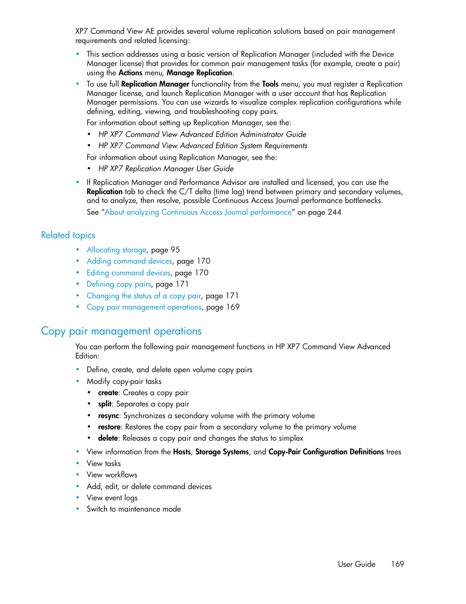 Copy pair management operations | HP XP Array Manager Software User Manual | Page 169 / 282