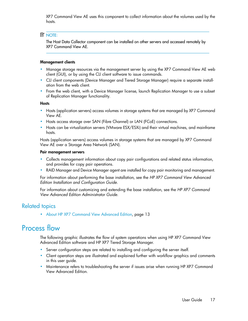 Process flow, Related topics | HP XP Array Manager Software User Manual | Page 17 / 282