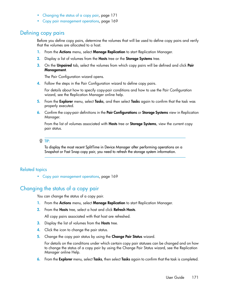 Defining copy pairs, Changing the status of a copy pair, 171 changing the status of a copy pair | HP XP Array Manager Software User Manual | Page 171 / 282