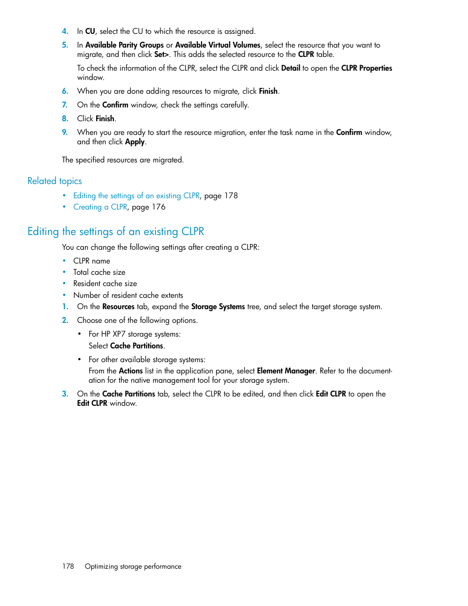 Editing the settings of an existing clpr | HP XP Array Manager Software User Manual | Page 178 / 282