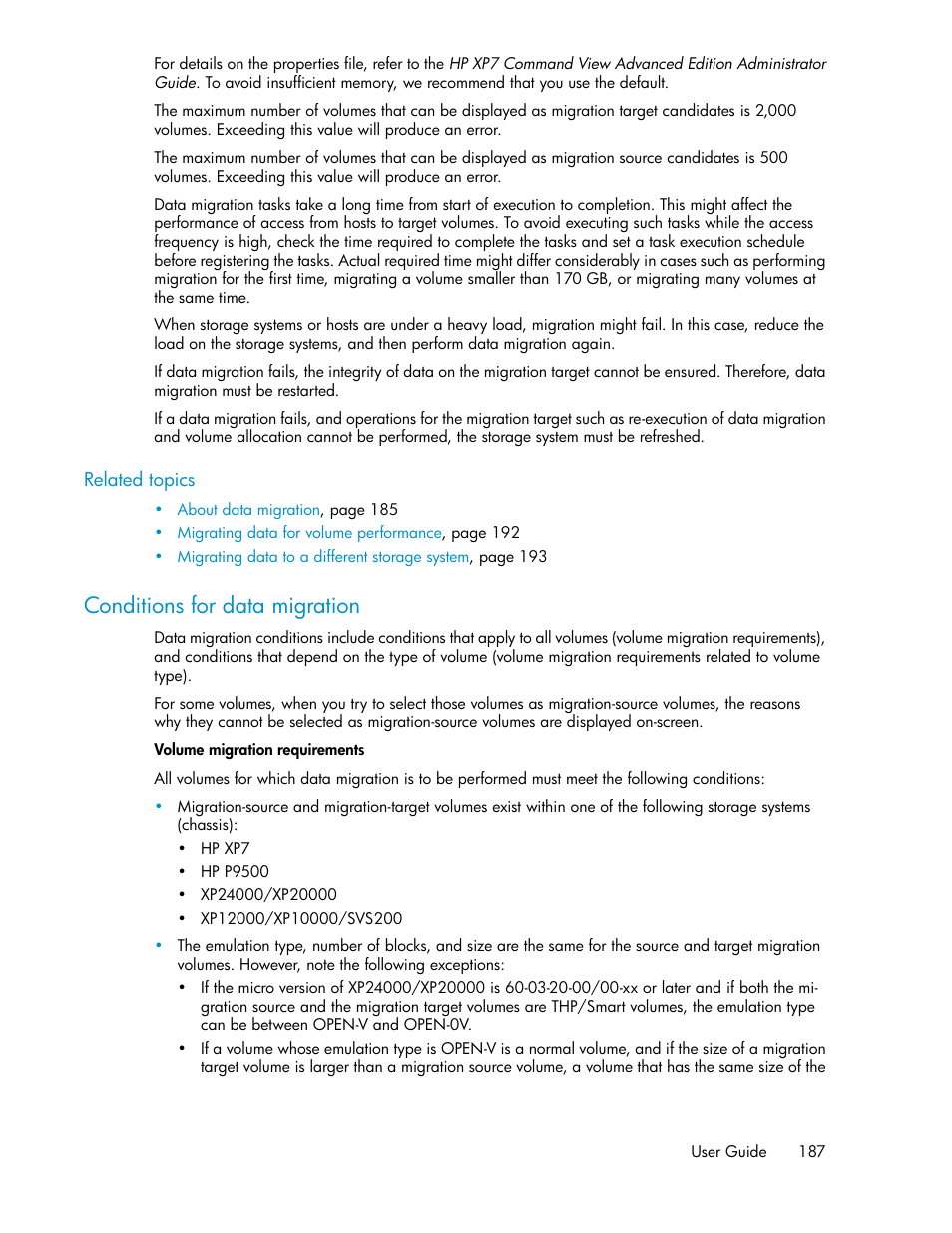 Conditions for data migration | HP XP Array Manager Software User Manual | Page 187 / 282