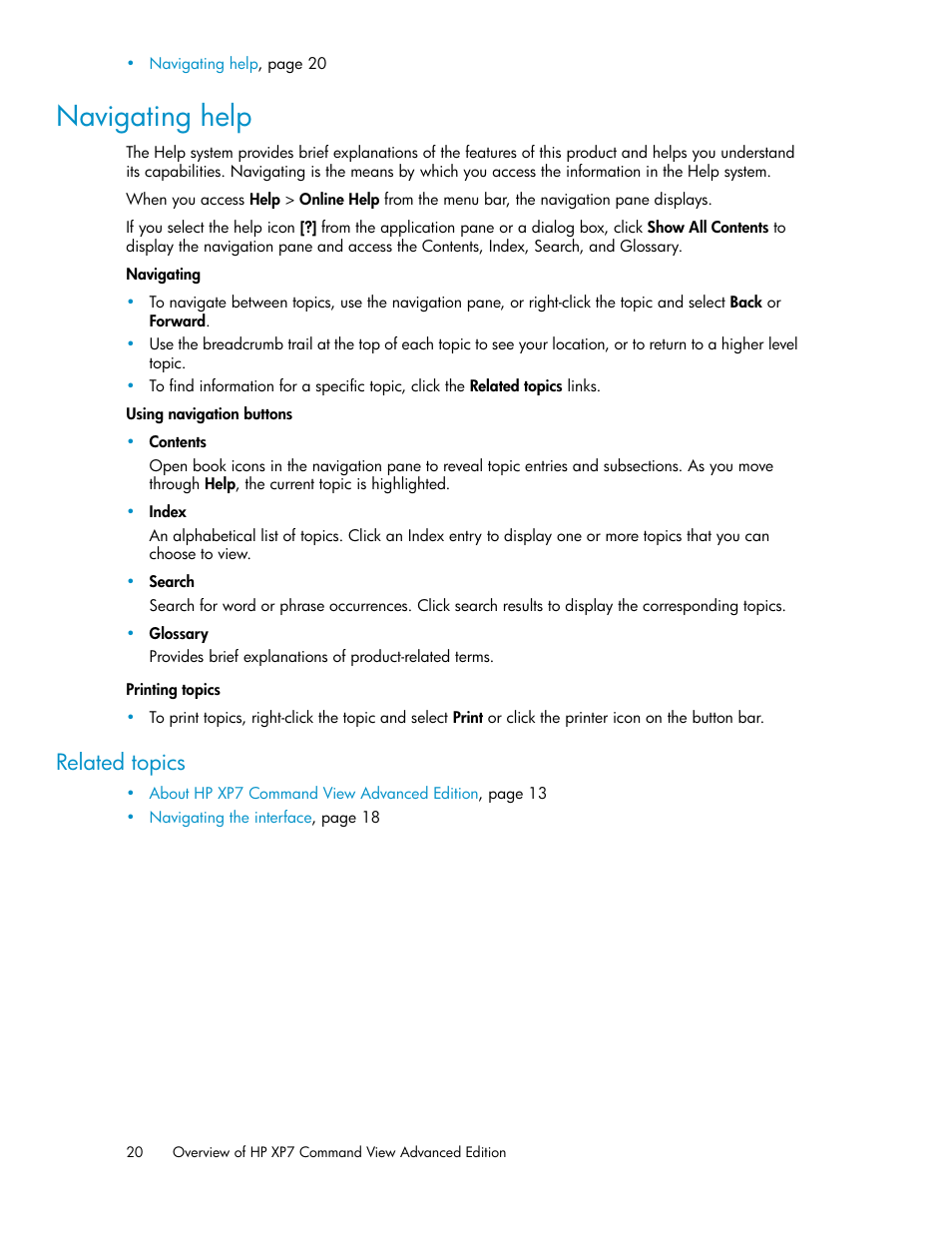 Navigating help, Related topics | HP XP Array Manager Software User Manual | Page 20 / 282