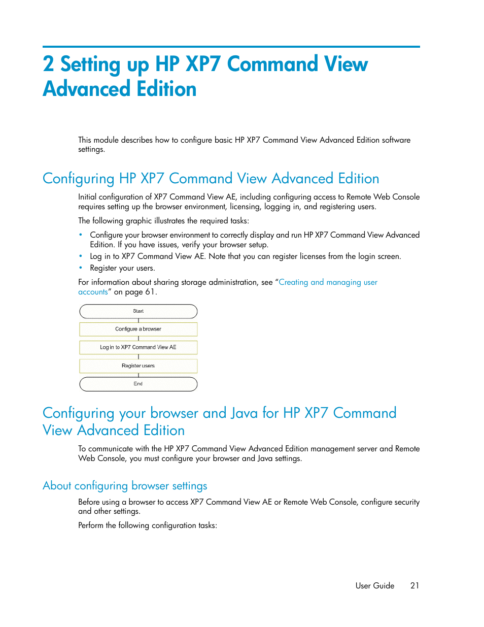 2 setting up hp xp7 command view advanced edition, Configuring hp xp7 command view advanced edition, About configuring browser settings | HP XP Array Manager Software User Manual | Page 21 / 282