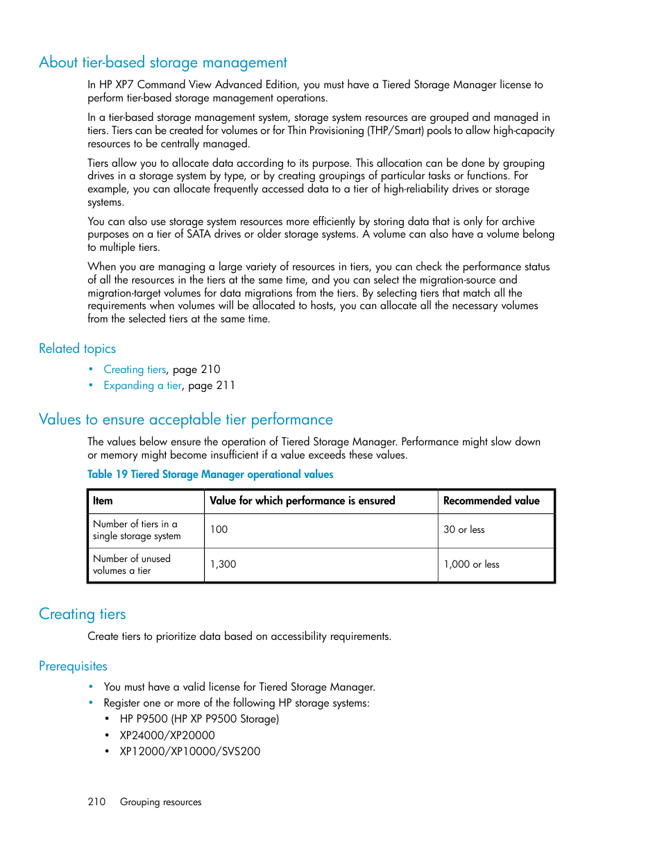 About tier-based storage management, Values to ensure acceptable tier performance, Creating tiers | 210 values to ensure acceptable tier performance, 210 creating tiers, Tiered storage manager operational values | HP XP Array Manager Software User Manual | Page 210 / 282