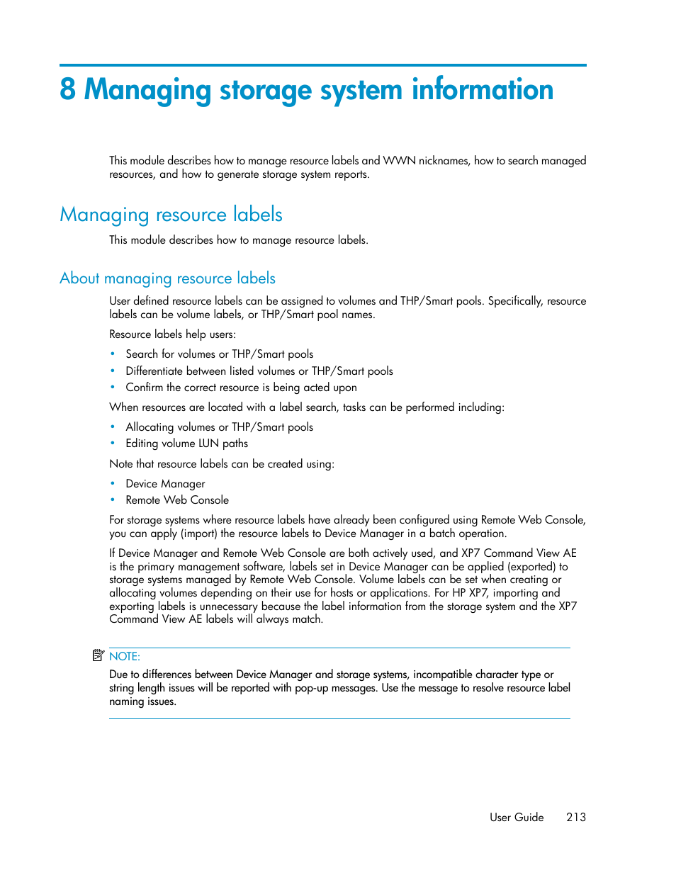 8 managing storage system information, Managing resource labels, About managing resource labels | HP XP Array Manager Software User Manual | Page 213 / 282