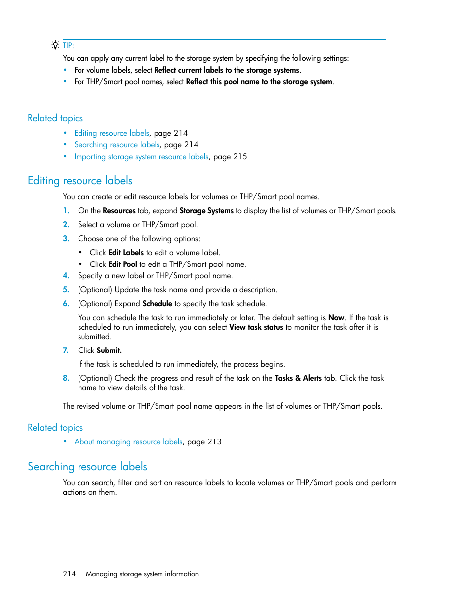 Editing resource labels, Searching resource labels, 214 searching resource labels | HP XP Array Manager Software User Manual | Page 214 / 282