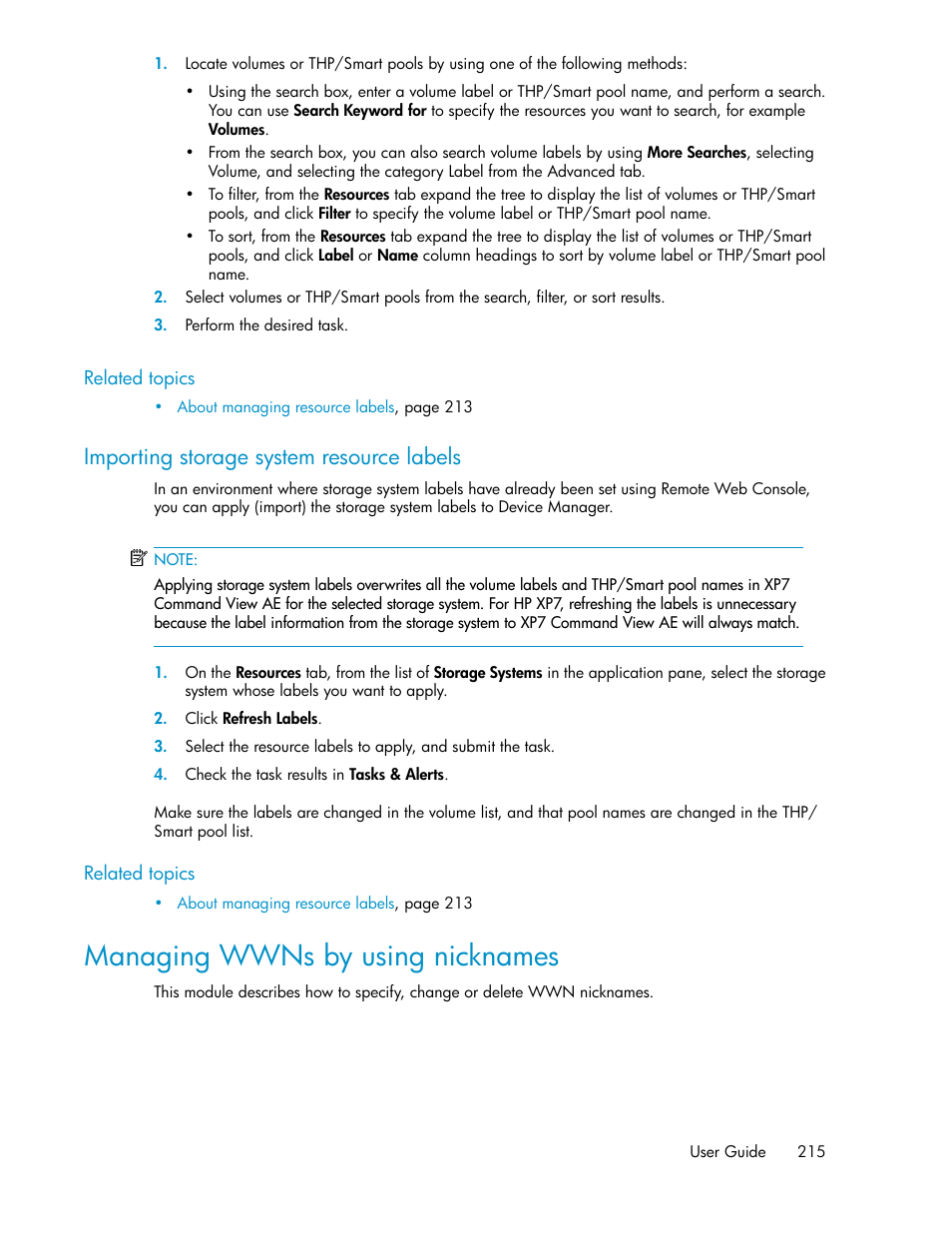 Importing storage system resource labels, Managing wwns by using nicknames | HP XP Array Manager Software User Manual | Page 215 / 282